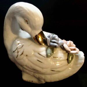 Vintage Porcelain Swan Figurine With Raised Flowers